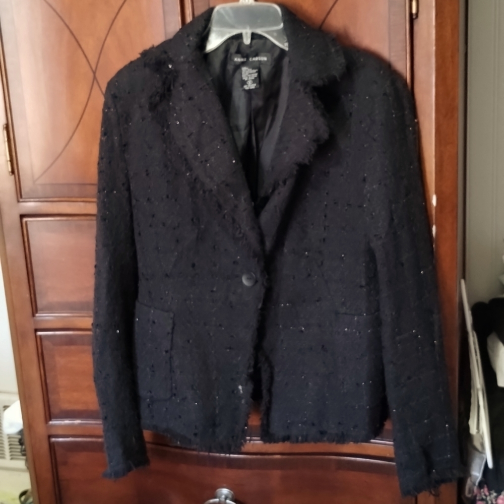 Vintage Annie Carson Black Blazer with Fringe and Pockets Size S